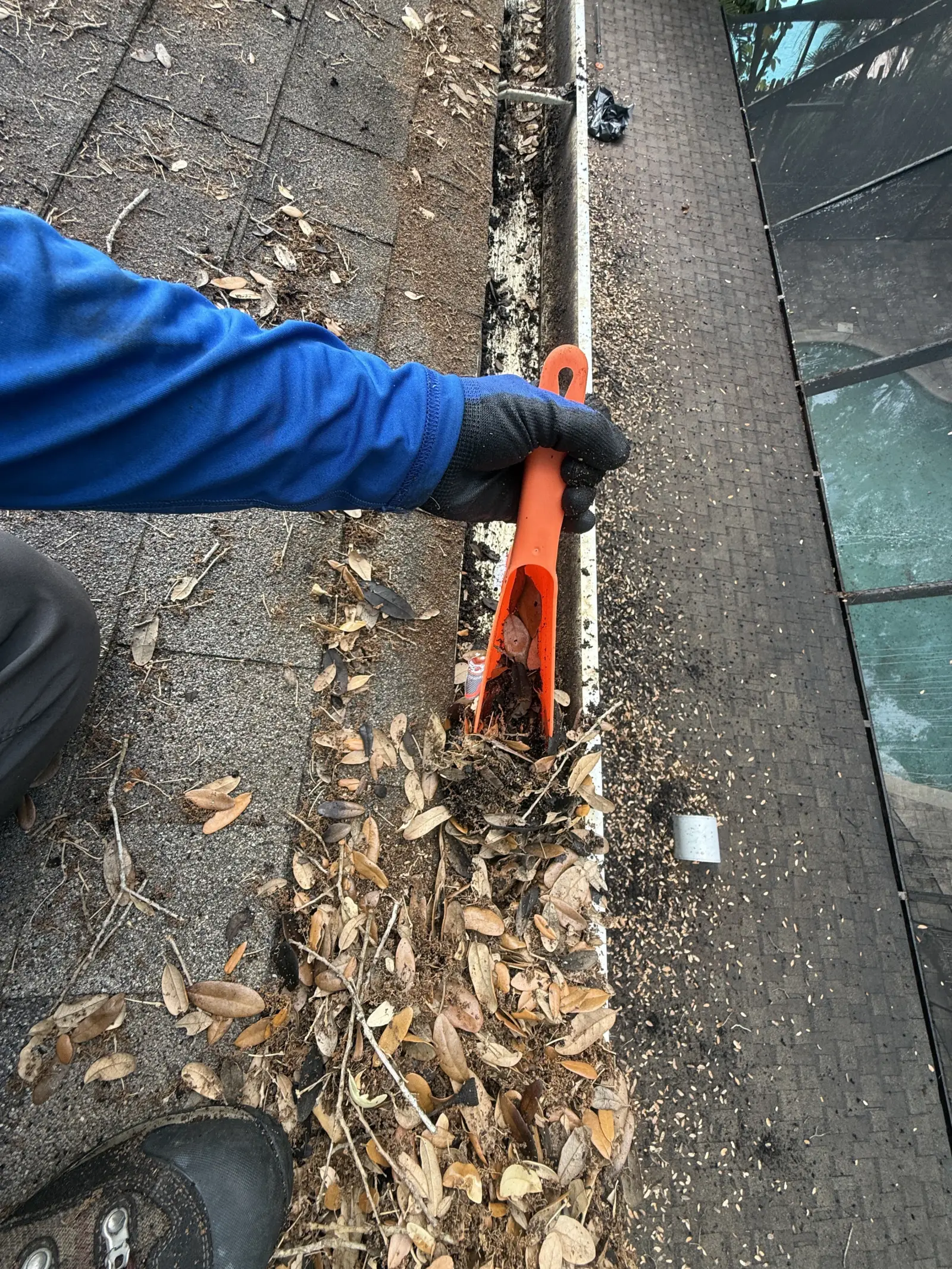 Technician scooping leaves out of a gutter with an orange gutter scoop above a pool cage