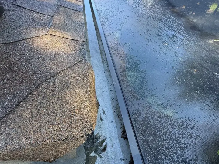 A gutter run rinsed clean above the pool cage (Safety Harbor)