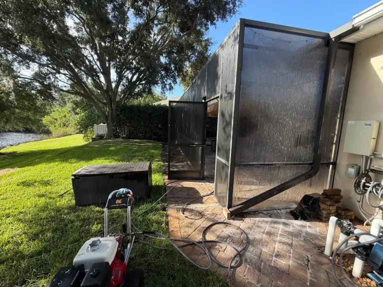 Clean pool cage screen panels in Safety Harbor, FL after soft washing