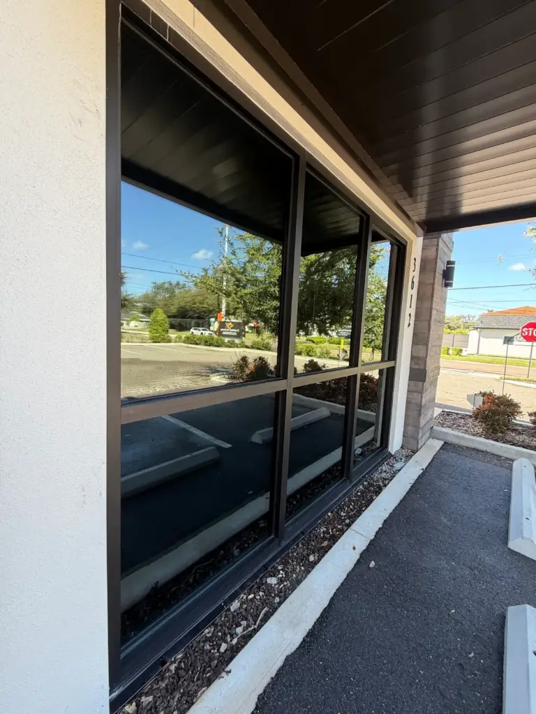 Storefront glass and door frames after window cleaning