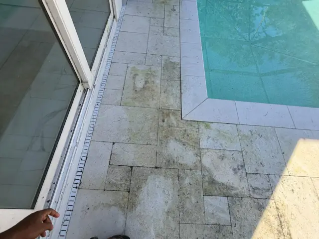 Travertine pool deck with green algae in Lutz, FL, before pressure washing