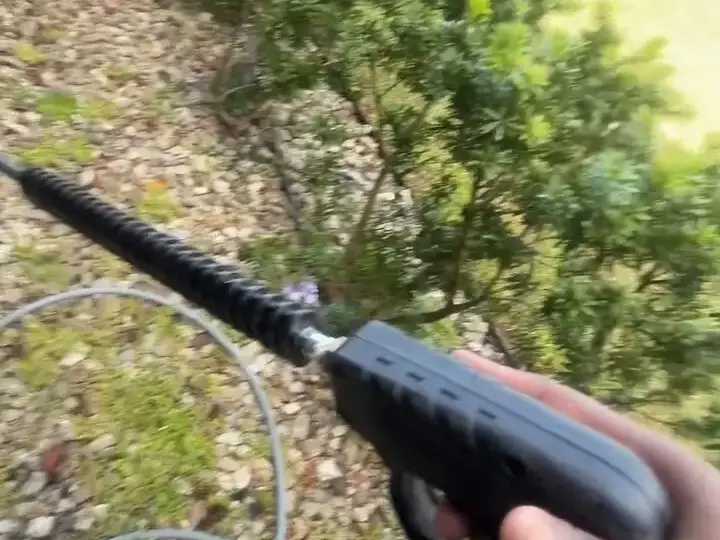 Pressure washer wand beside a hedge at a Plant City home