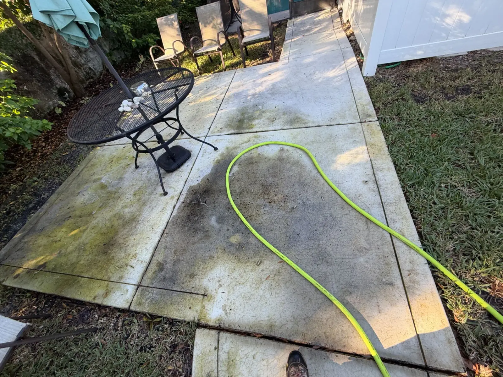 Concrete back patio with green algae in Tampa, FL, before pressure washing
