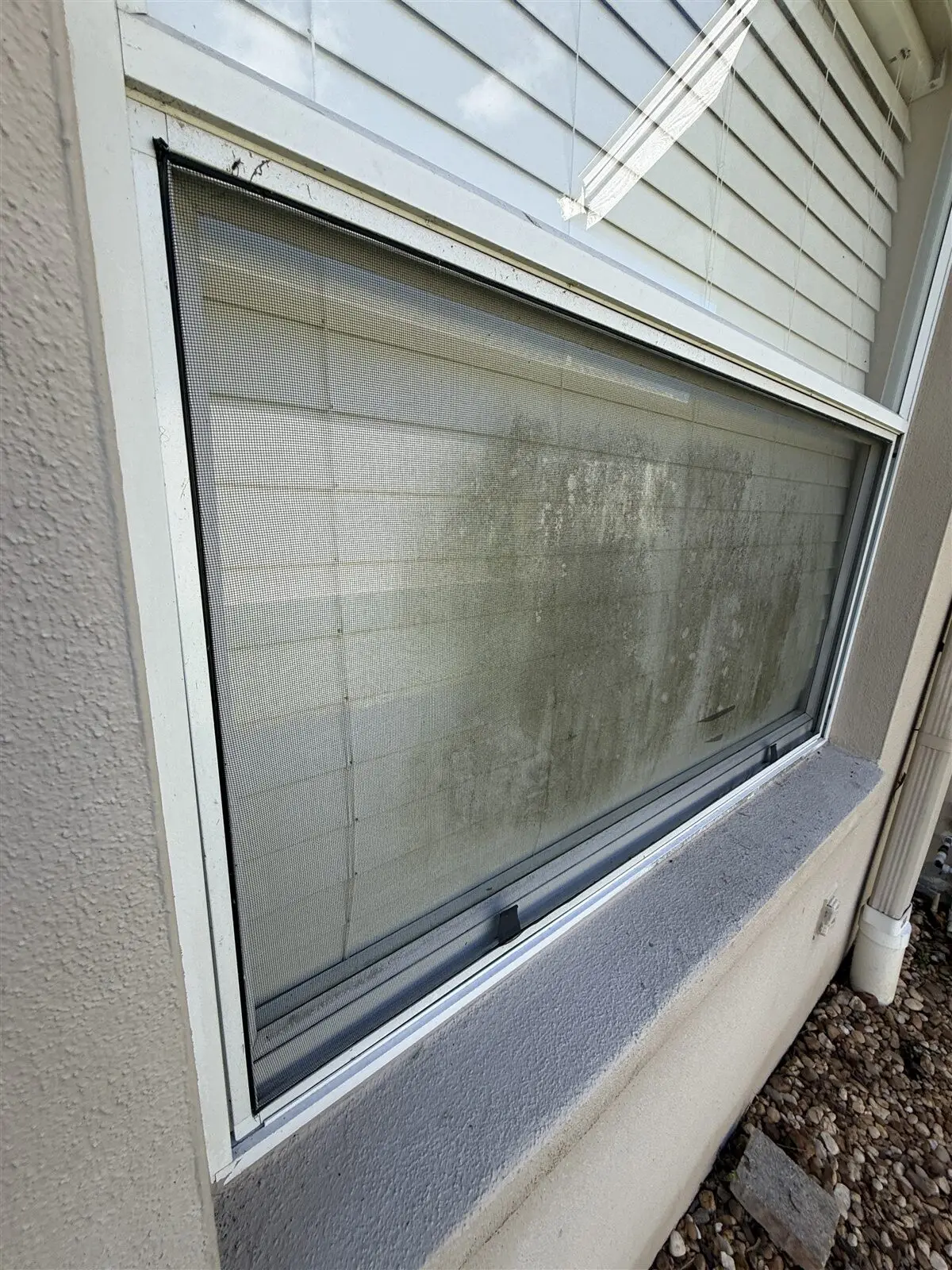 A window with a heavy film of dirt and water spots, before cleaning (Safety Harbor)