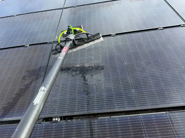 Water-fed brush pole cleaning residential solar panels in Tampa, FL